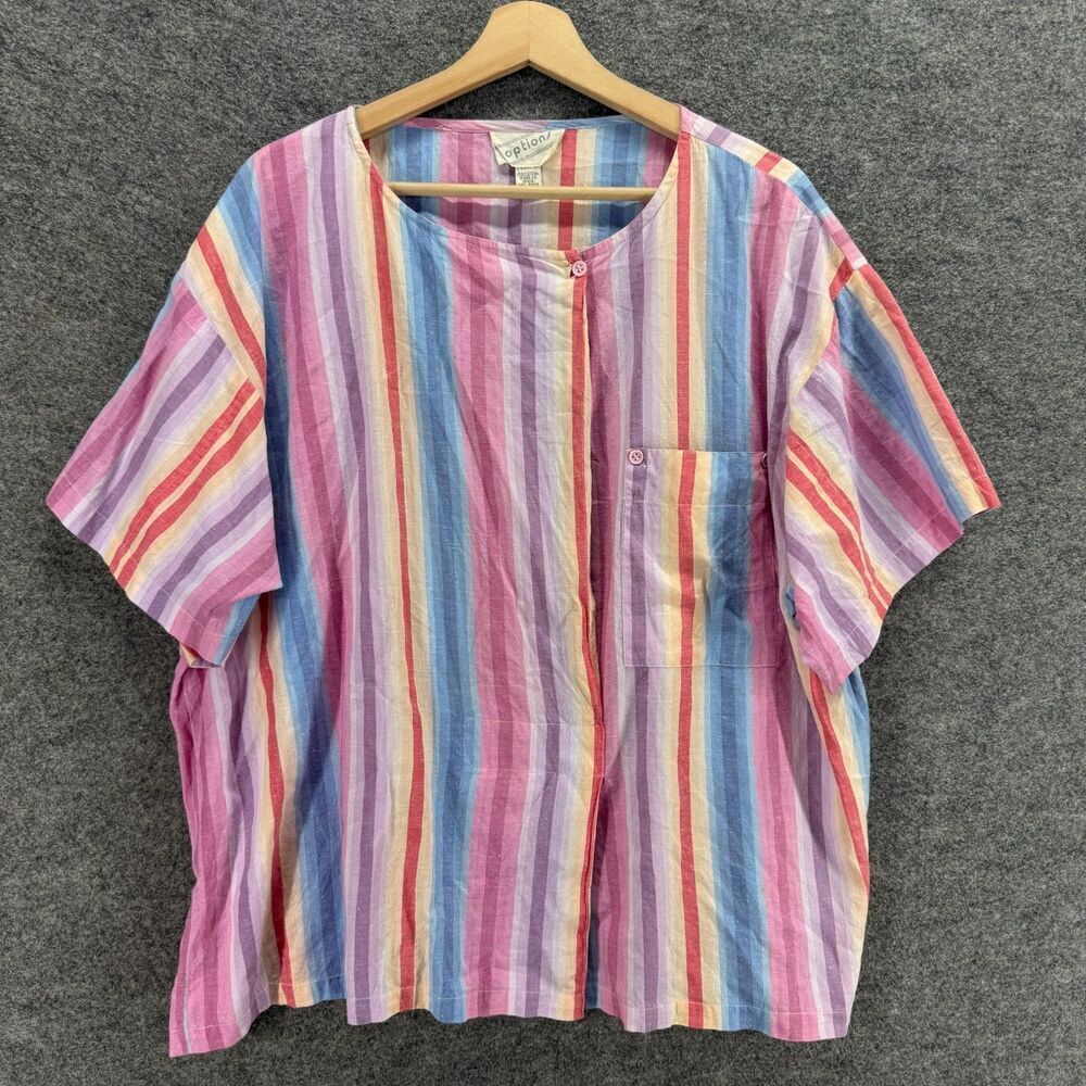 Options Top Women M Medium Pink Striped Short Sleeve Button Up Pockets Cotton